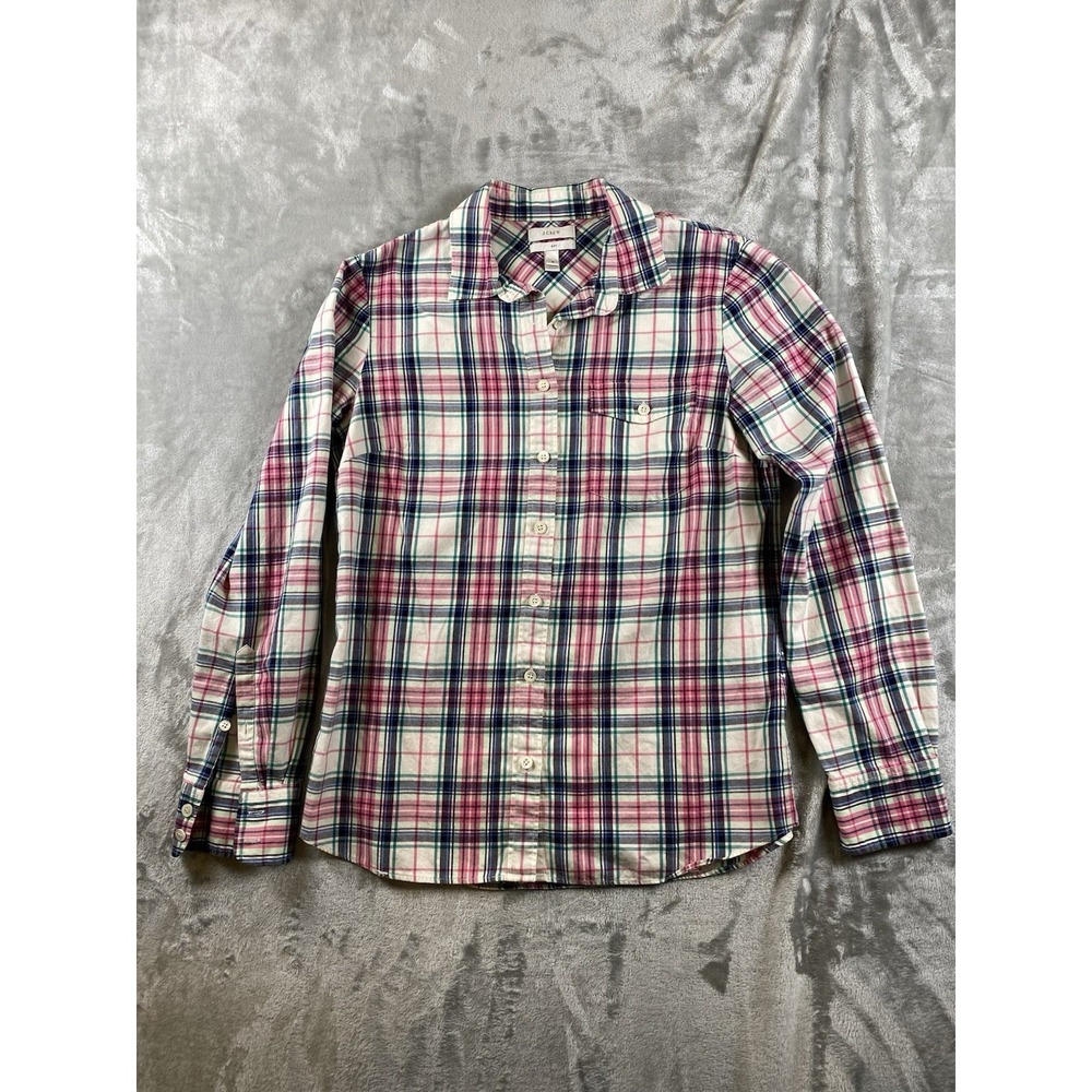 J.CREW Women's Size 4 BOY‎ Shirt Plaid Pink Green Blue Black 100% cotton